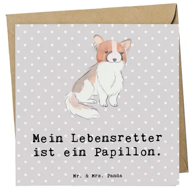 Produktbild von Mr. & Mrs. Panda Glückwunschkarte Papillon Lebensretter - Grau Pastell - Geschenk, Klappkarte, faltkarte, anlasskarte, Kontinentaler Zwergspaniel, doppelkarte, Grußkarte
