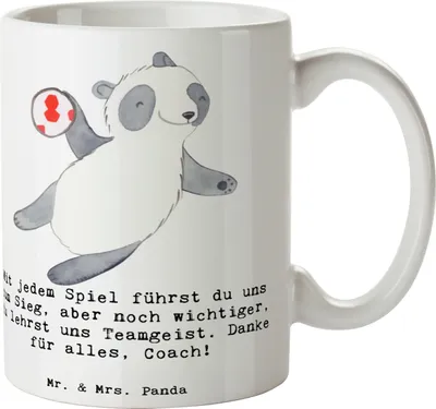 Produktbild von Mr. & Mrs. Panda Tasse Handball Trainerin Dankeschön - Weiß - Geschenk, Anerkennung, Danksagung, Sportart, Pott, Team, Teamgeist, Becher, Trinkbecher, Henkelpott