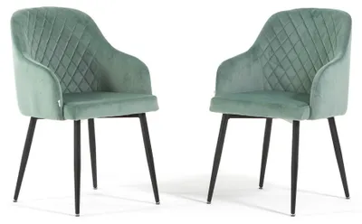 Immagine prodotto di Set di 2 sedie imbottite TESSA in velluto con braccioli, schienale alto e gambe in metallo, design elegante e moderno -Verde/Grigio scuro