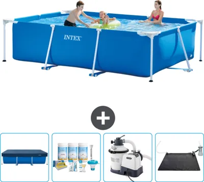 Produktbild von Intex-Schwimmbecken mit rechteckigem Rahmen – 300 x 200 x 75 cm – Blau – im Lieferumfang enthalten Abdeckung - Wartungspaket - Filterpumpe für Schwimmbad - Solarmatte