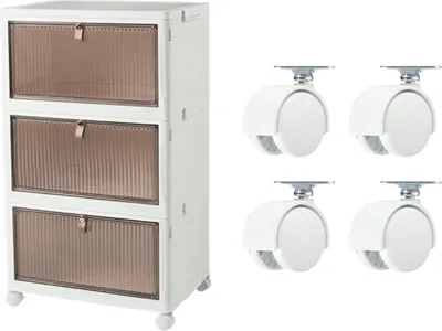 A white plastic storage cabinet with three drawers and four wheels, shown next to four separate wheels.