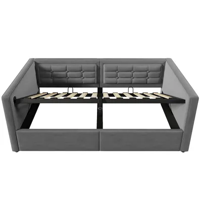 Produktbild von Flieks Hydraulisches Polsterbett 90x190cm mit USB & Type C, Schlafsofa Tagesbett mit Ablagefächer, Daybed Einzelbett Jugendbett, Samt, Grau