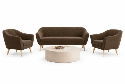 Produktbild von Sofello Gloria Wohnzimmerset 3+1+1 – Braun Samt Sofa Set mit 2 Sesseln | Skandinavische Couchgarnitur mit Holzfüßen