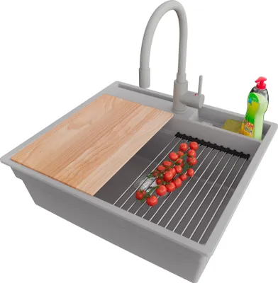 Produktbild von PRIMAGRAN Granitspüle Grau 58x53cm, Spülbecken 1 Becken + Küchenarmatur 38x14cm + Ablauf-Set + Küchenzubehörset, Küchenspüle ab 60er Unterschrank - Oslo Pocket