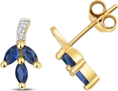 Produktbild von Funkelndes Feuer Schöne 9 Karat (375) Gold Diamant Paar Ohrstecker Brillant-Schliff H - PK mit Saphir - 11mm*6mm; TRS35551