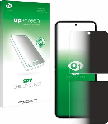 A product package for a screen protector is shown next to a smartphone displaying the screen protector.