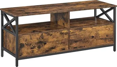 Immagine prodotto di Mobile TV da incasso, mobile TV da incasso sotto il tavolo, mobile basso per schermi TV fino a 55 pollici, con 2 cassetti, 2 ripiani aperti, 120 x 40 x 50 cm, per la zona giorno, struttura in acciaio, colore marrone-nero vintage LTV300B01