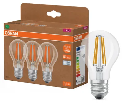 Obrázok produktu pre 3 žiarovky LED A60, pätica E27, 7,2 W = 100 W, 1521 lm, 4000 K (neutrálna biela), uhol svietenia 320°, filamentový dizajn, vysoká energetická účinnosť, značka Osram