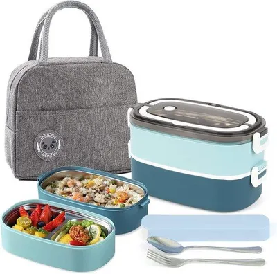 Produktbild von Famanu Bento Lunchbox 2 Ebenen mit 3 Fächern und Tragetasche - für Erwachsene und Kinder