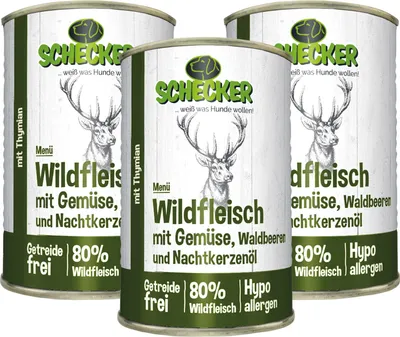 Produktbild von 3 x 410 g - Schecker Hundemenü - reines Wild Muskelfeisch Gemüse Waldbeeren und Nachtkerzenöl