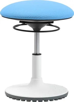 A studio shot of a blue and white adjustable stool.