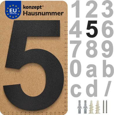 Produktbild von KONZEPT Hausnummer in Schwarz, Nummer 5, für Tür, Briefkasten, Gebäude, Zimmer, aus massiven Stahl mit witterungsbeständiger Pulverbeschichtung