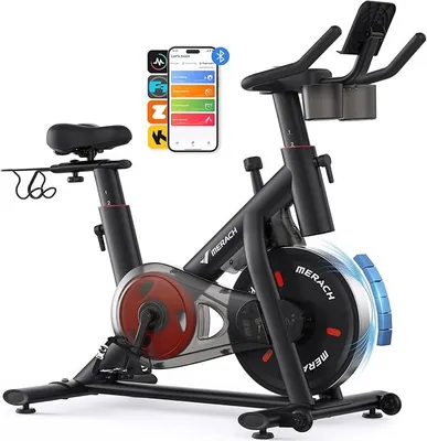 Productafbeelding van Hometrainer fiets met verstelbare weerstand, stille hometrainer met verbeterd LED-scherm, tablet houder, indoor fiets voor cardiotraining thuis, met eigen app, geschikt tot 136 kg