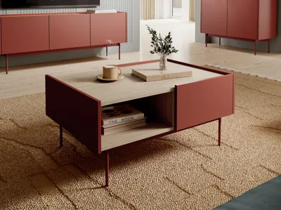 Produktbild von Couchtisch 100 cm Laris - Loft, 2 Schubladen - Wohnzimmertisch, Metallbeine (Ceramic Red)