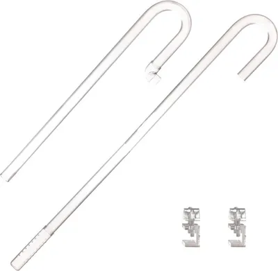 Two clear glass tubes and two small clear plastic clips on a white background.