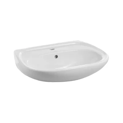Imagen del producto de Lavabo de pared VBChome, 60 x 50 cm, de cerámica blanca brillante. Lavabo oval con orificio para grifo y desbordador. Lavabo pequeño para montaje en pared