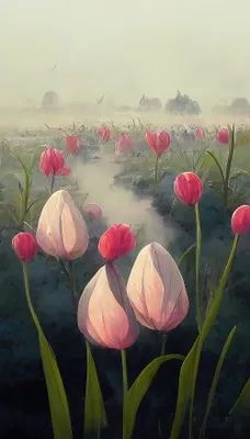 Produktbild von NEWROOM Tapete Rosa Vliestapete Blumen - Blumentapete Floral Grün Creme Tulpen Nebel Landschaft Romantisch Tulpenfeld