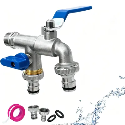 Gartenwasserhahn 1/2 Zoll, Doppelauslauf, Messing, blau