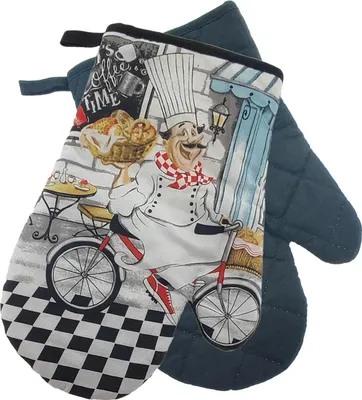 Produktbild von 1 paar Topflappen mit Bäckermotive 20 x 20 cm + 1 paar Backhandschuhe mit Bäcker schwarz 26 x 17 cm