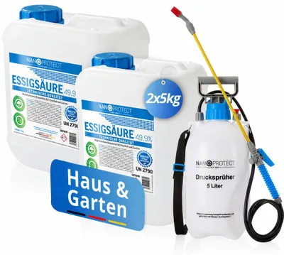 Produktbild von Nanoprotect Essigsäure Klimaneutral - 10 kg inkl. Drucksprüher | 49,9% | Nachhaltig und CO2 neutral | Ideal als Reiniger und Entkalker | Für Haus und Garten