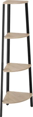 A corner shelf unit with three shelves.