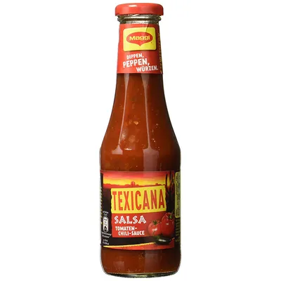A bottle of Maggi Texicana Salsa sauce against a white background.
