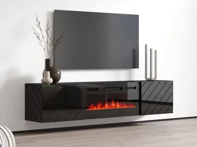 Obrázok produktu pre Závesný TV stolík s elektrickým krbom WANDER - čierny / lesklý čierny