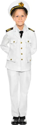 A child wearing a captain's costume, standing against a white background.