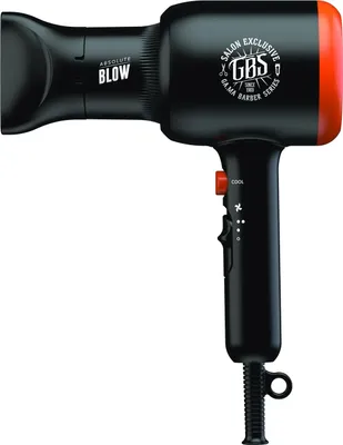 A professional studio shot of a black and orange hairdryer against a white background.