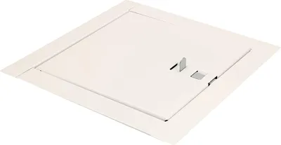 A white metal access panel with a hinged door and a latch mechanism.