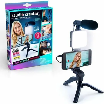 A product box for a "Studio Creator" kit for podcast and vlog creation, shown next to the actual product setup.
