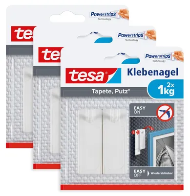 Produktbild von tesa Klebenagel für Tapete & Putz, 1 kg - 3 x 2 Nägel inkl. Powerstrips