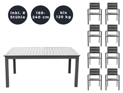 Produktbild von HOME DELUXE - Gartentisch ausziehbar - CASA - ca. 160 (240) x 100 x 74 cm - inkl. 8 Stühlen, Gestell und Tischplatte Aluminium - inkl. Zubehör I Gartenmöbel Ausziehtisch Balkonset