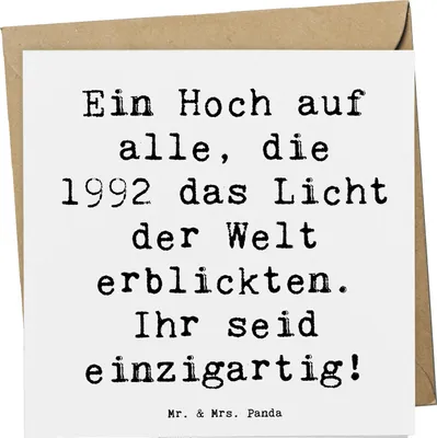 Produktbild von Mr. & Mrs. Panda Klappkarte Spruch 1992 Geburtstag Einzigartig - Weiß - Geschenk, Geburtstagskind, Grußkarte, gratulation, Happy Birthday, doppelkarte, faltkarte, Alter