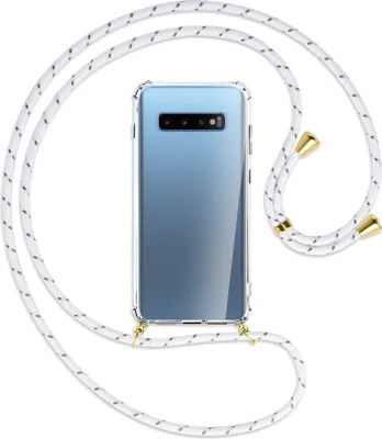 Produktbild von Handykette Backcover-Schutzhülle mit Band (Metall goldfarben) für Samsung Galaxy S10+ / S10 Plus - weiß/grau