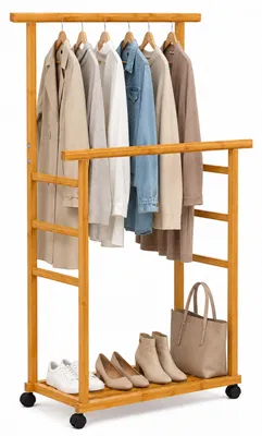 Kleiderständer mit Rollen, Bambus, 2 Stangen, 148x80x36 cm