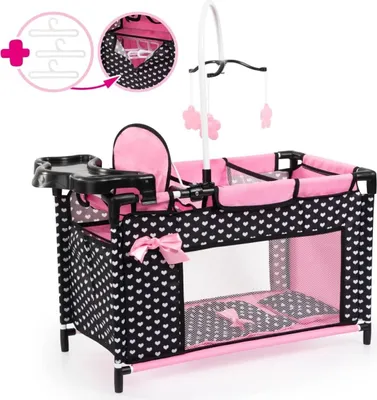 Productafbeelding van Bayer Design 62660AA Poppenbed met kast, zitje, verstelbare tafel, plank, dekbed, kussen, zwart, roze