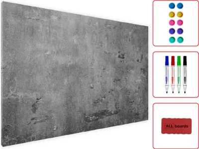 A metallic magnetic board with a concrete texture, shown with accessories like markers, magnets, and an eraser.