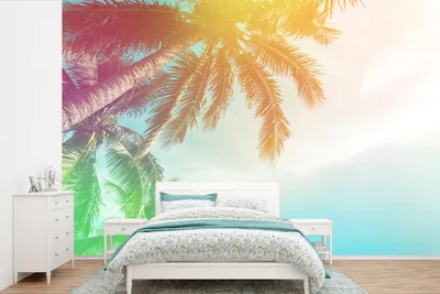 Produktbild von MuchoWow® Fototapete für Wohnzimmer oder Schlafzimmer Wandtapete Vinyl Motivtapete Sommer - Palmen - Himmel - 390x260 cm - Papiertapete