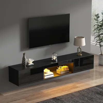 Produktbild von okwish Hochglanz TV-Schrank Hängeschrank mit Hochglanzoberfläche,Fernsehschrank Fernsehtisch mit LED und Kabelmanagementsystem,für Fernseher bis zu 70 Zoll,Schwarz