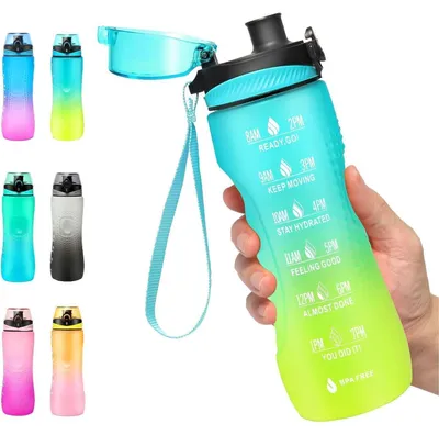 Produktbild von Trinkflasche mit Zeitmarkierung, Tritan BPA-frei, auslaufsicher, 750ml, Blau Gold