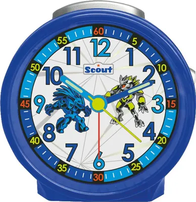 A blue analog alarm clock with cartoon monsters on the face.