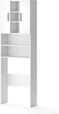 A white washing machine cabinet with shelves and doors.