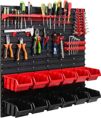 Obrázek produktu pro Skladovací systém Dílenské regály | 78 x 78 cm | 12 ks. Box | Nástěnný regál s držáky na nářadí a stohovatelnými boxy – Nástěnné desky Extra silné regály s přihrádkami Nástěnná deska s otvory pro nářadí Skladovací regál Garážový regál