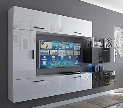 Image de Furnitech Meuble-paroi salon | Meubles de salon avec LED bleu | Meuble-paroi suspendu moderne | Meuble-paroi salon avec étagères et meuble TV (Future C10/HG/BW5 1B)
