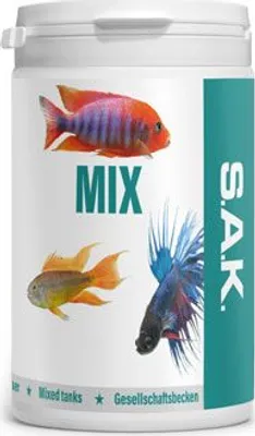 Produktbild von S.A.K. mix - Komplettes extrudiertes Alleinfuttermittel für alle Zierfischarten im Gesellschaftsbecken. Granulat 130 g (300 ml) Granulatgröße 2 Körnung 1.0 - 1.5 mm - Fischgröße 5 - 7 cm