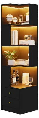 Produktbild von AIORBER Eckregal mit LED Beleuchtung App Steuerung Modernes Bücherregal Standregal L-Form Platzsparend mit 2 Schubladen 4 Ebenen, Schwarz