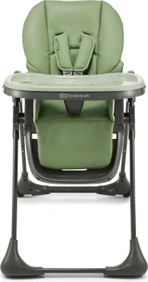 A green high chair with a tray and safety straps, shown from the front on a white background.