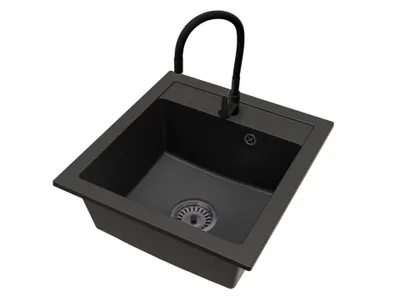 Produktbild von Granitspüle Küche Weiß mit Armatur FLEX Schwarz und Siphon in Schwarz