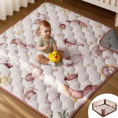 Produktbild von Comomy Baby-Spielmatte, Weiche Krabbelmatte aus Baumwolle, Faltbare Rutschfeste Boden Spielunterlage, Laufstallmatte, 127 x 127 cm, Pink